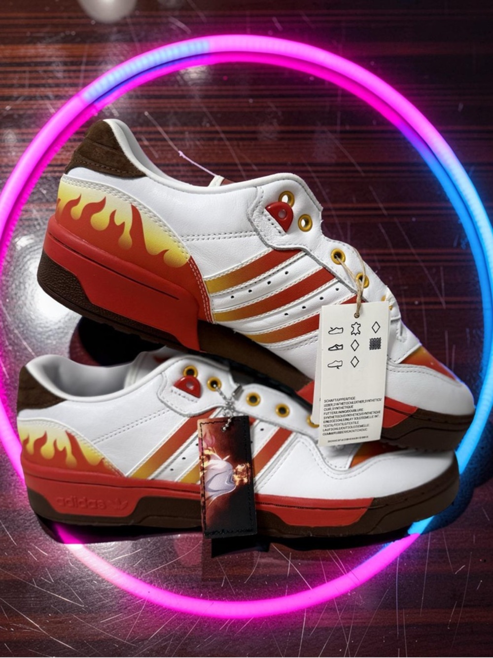 adidas White Sneakers with Red, Yellow & Brown Flame Accents